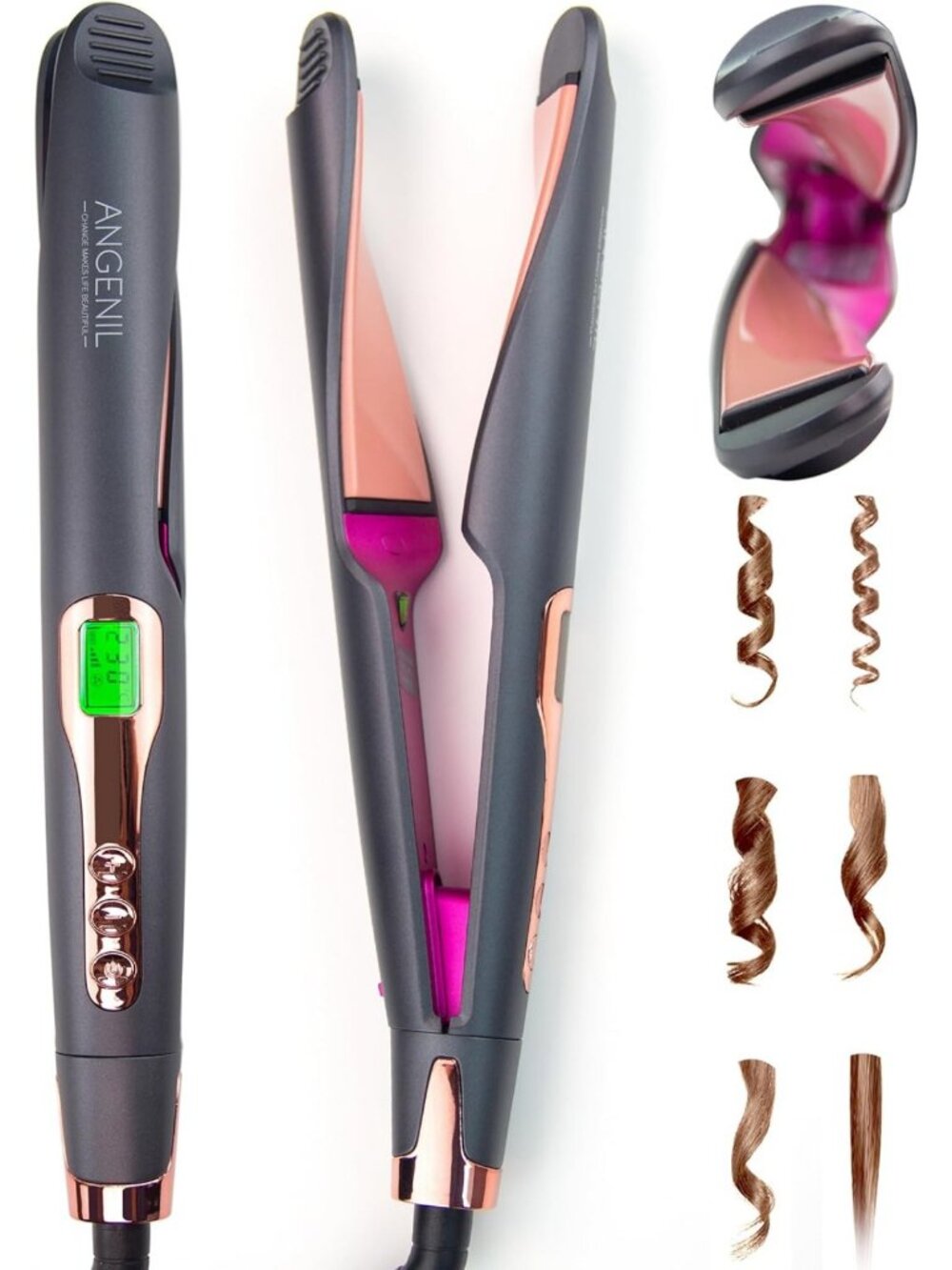 2-in-1 Ceramic Flat Iron & Curler, Fast Heating, Adjustable Temp, Dual Voltage